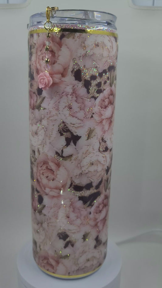 Pink flowers on Gold Glitter 30 oz.