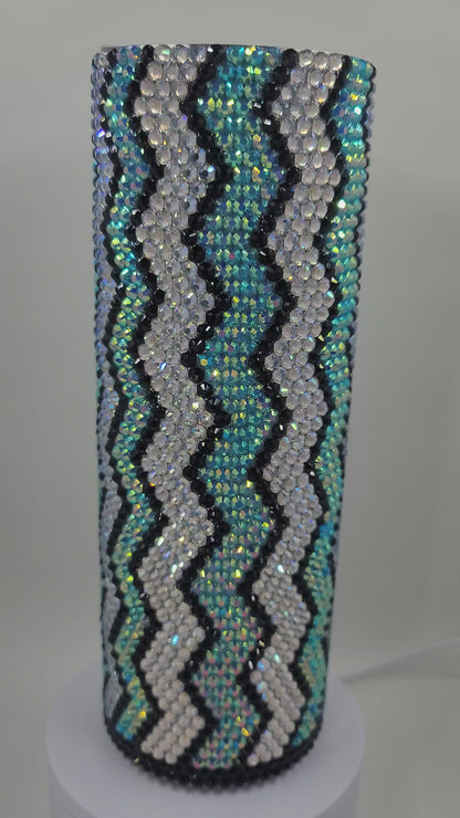 Rhinestone Tumbler Aqua/White/Black Zigzag